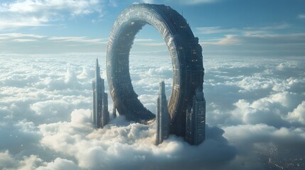 Fototapeta premium A circular city floating above the clouds, with spiral towers reaching toward the sky