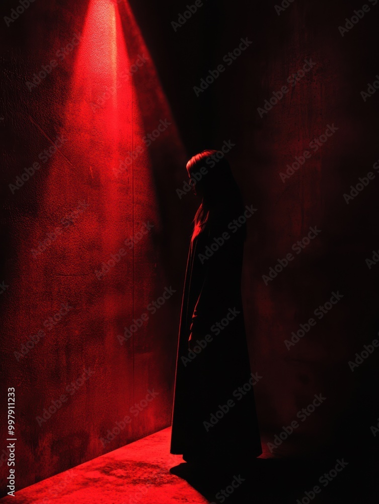 Poster In a dimly lit room, a mysterious figure is cast in red light, evoking a sense of fear and deep suspense in the stillness. Generative AI