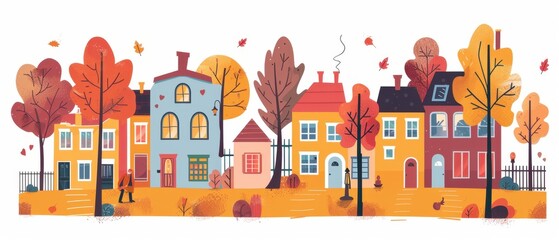 Autumn Town Landscape with Colorful Falling Leaves and Cozy Houses
