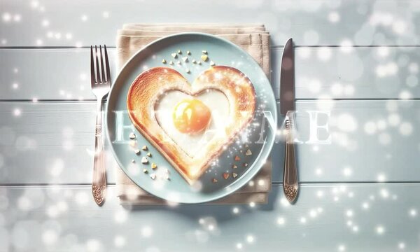 &OElig;uf au plat en forme de c&oelig;ur dans une assiette bleue avec des couverts et des paillettes scintillantes, le texte en fran&ccedil;ais "Je t'aime" apparaissant pour une Saint-Valentin gourmande