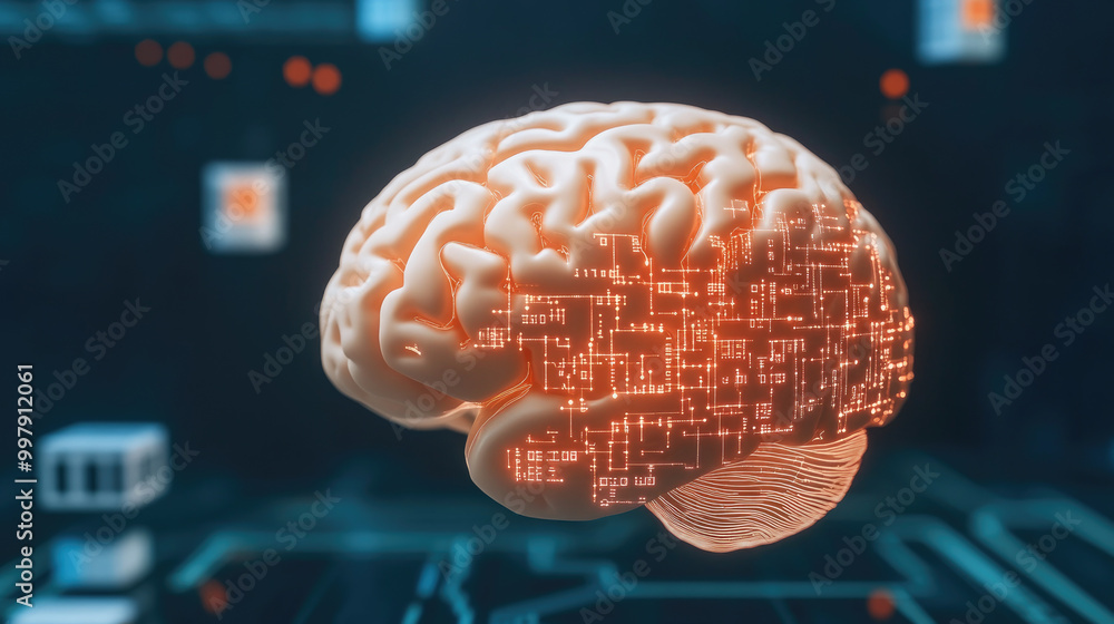 Aufkleber digital mindscape, an abstract portrayal of a luminous human brain intertwined with floating codes, 