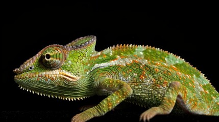 Naklejka premium Colorful Chameleon Perched on a Branch Against Black Background