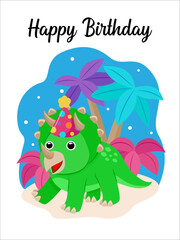 Naklejka premium dinosaur happy birthday card vector, green dinosaur in party hat against palm trees and blue color background, ideal for birthday party invitations or fun event promotions.