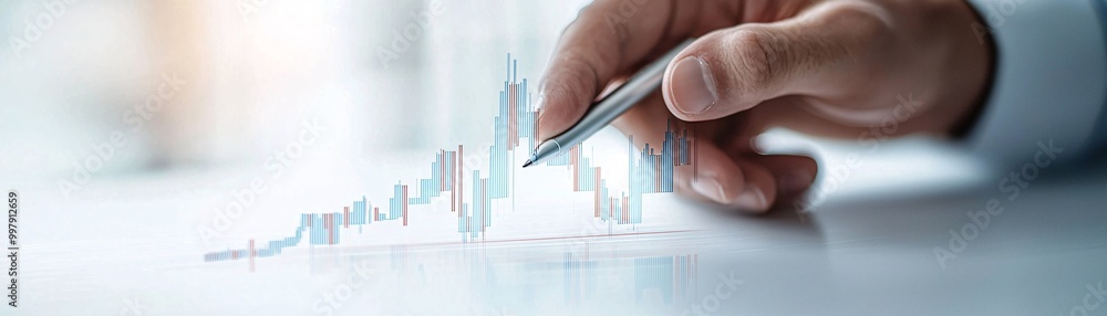Poster a close-up of a financial advisorâ€™s hand pointing to a section of a stock market chart, with an em