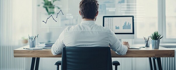 A businessman sits at a desk, analyzing a financial report with a focus on dividend-paying stocks, symbolized by a rising graph and dollar signs. The minimalist setting provides abundant copy space