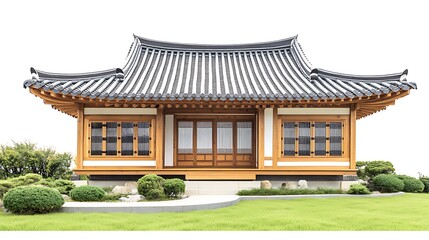 Obraz premium Traditional Korean Hanok House with Curved Roof and Garden
