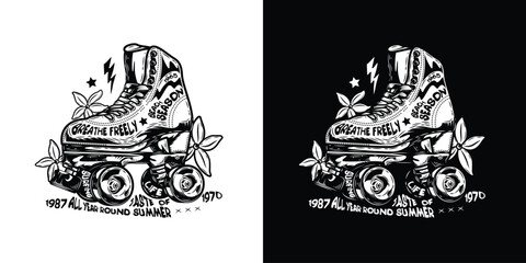 Roller skates with flowers on the background. Original vector illustration in vintage style. T-shirt design.