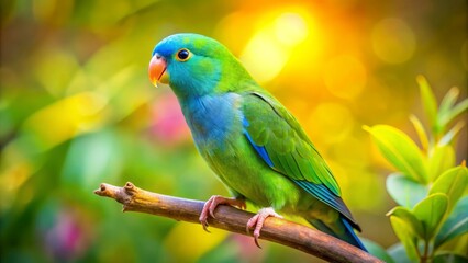 Obraz premium A colorful Pacific Parrotlet rests gracefully on a branch, set against a gentle, natural backdrop that highlights its