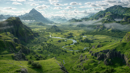 Scenic aerial view of a vast green valley with winding rivers, surrounded by rugged mountains and peaks, covered in lush greenery under a partly cloudy sky, creating a tranquil and majestic landscape.