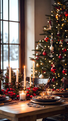 Christmas dinner table with festive decorations, candles and holiday treats, 