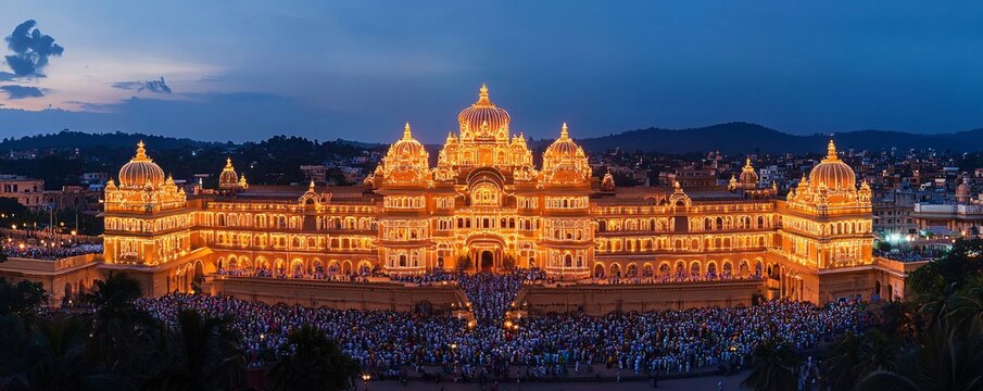 Mysore Palace Illuminated for Dussehra &ndash; A grand view of Mysore Palace during the Dussehra festival, illuminated by thousands of glowing lights
