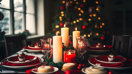Naklejka premium Christmas dinner table with festive decorations, candles and holiday treats, 