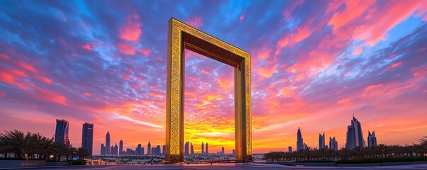 Dubai Frame at Sunset – A modern scene of the Dubai Frame, with its towering golden structure framing the contrast between old and new Dubai