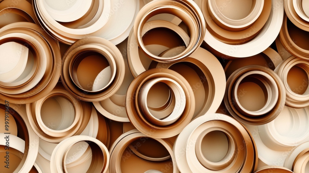 Poster a dynamic arrangement of coffee cup rings in rich brown tones overlaps, forming a visually captivati