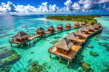 Fototapeta premium Luxurious Overwater Bungalows in the Maldives Surrounded by Crystal Clear Turquoise Waters and Sunshine