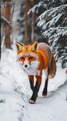 A red fox trotting across a snowy forest floor in winter, its orange fur standing out against the white snow.