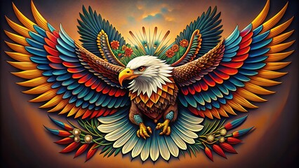 Fototapeta premium Majestic American Traditional Eagle Illustration with Bold Colors and Intricate Detailing in Flight