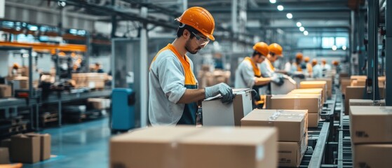 Naklejka premium Employees Work on Factory Floor with Ergonomic Equipment