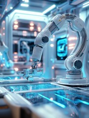A robotic arm skillfully assembles intricate machinery in a sleek lab filled with advanced technology and glowing holographic displays. Generative AI