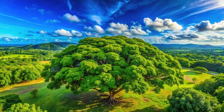 Lush Narra Tree with Vibrant Green Leaves Under Bright Blue Sky in Tropical Landscape Setting