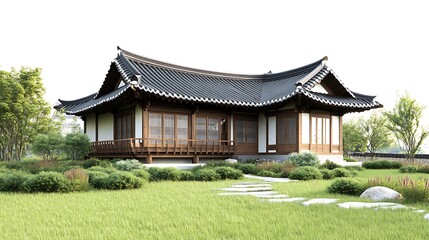 Traditional Korean Hanok House with Lush Garden