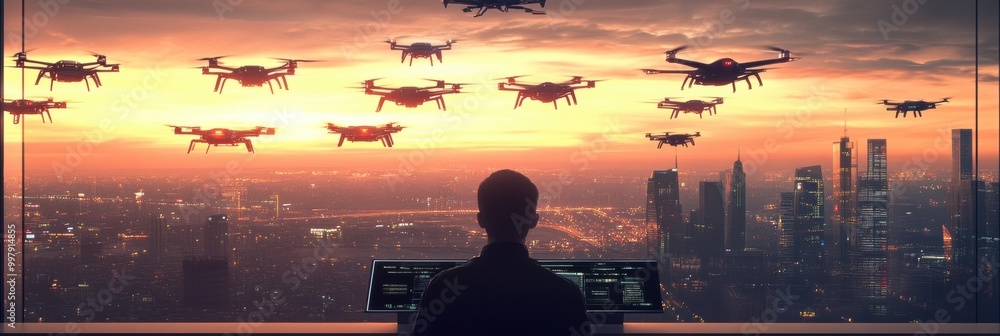 Aufkleber The drone pilot expertly maneuvers multiple advanced drones with a touchpad in a futuristic control room overlooking a city at sunset. Generative AI