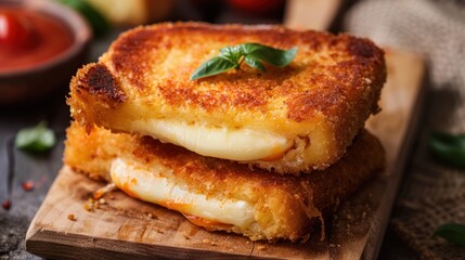 Gooey Mozzarella Sticks with Marinara Sauce on Wooden Board