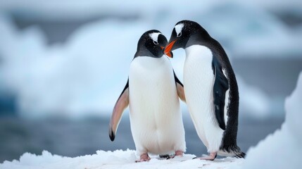 Fototapeta premium Affectionate Gentoo Penguins in a Snowy Habitat