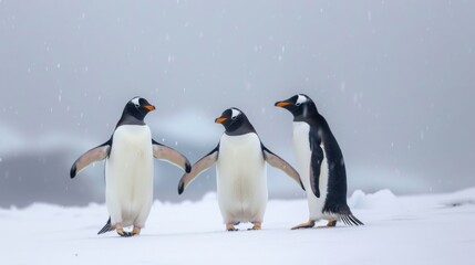 Obraz premium Gentoo Penguins Waddling Through the Winter Snowscape