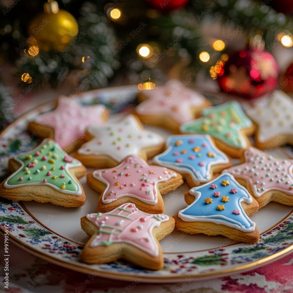 Sticker A plate of colorful, star-shaped Christmas cookies decorated with sprinkles and icing, surrounded by Christmas lights and ornaments.