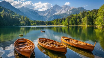 Fototapeta premium Serene Lake Scenery with Misty Mountains and Red Boats