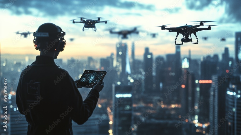 Fototapete The pilot skillfully maneuvers a fleet of sleek drones using a touchpad in a sophisticated control center with a stunning city view. Generative AI