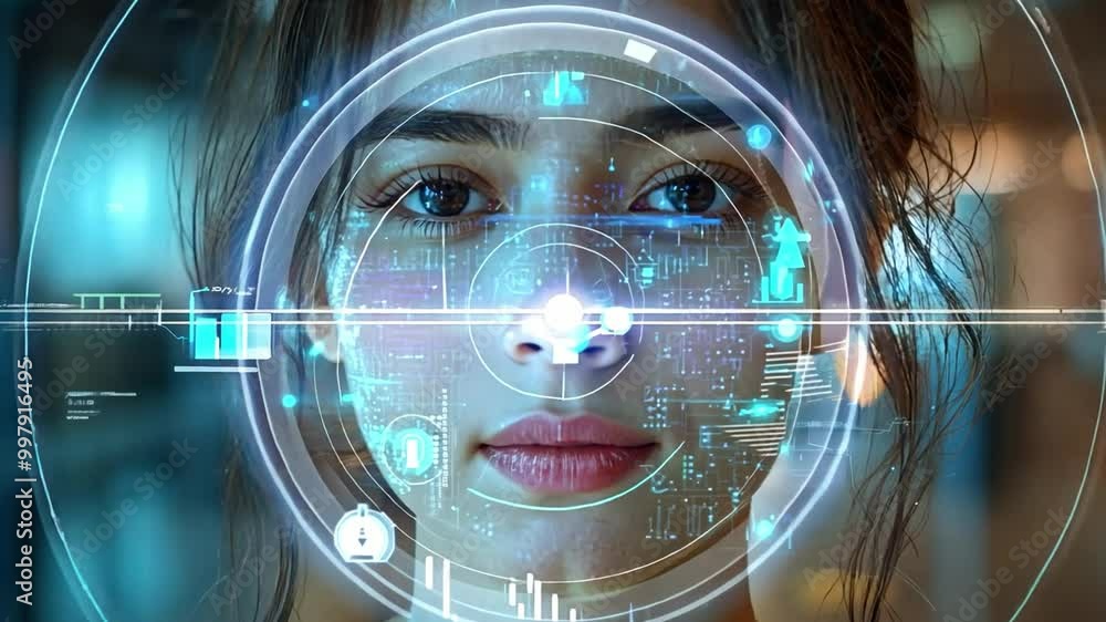 Aufkleber a young woman stands in a modern setting, her face highlighted by a digital interface reflecting the