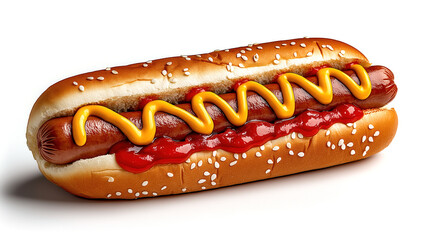 Hot dog is topped with yellow mustard and red ketchup on white background