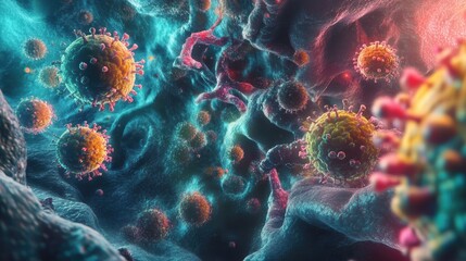 Fototapeta premium Artistic Depiction of Viral Invasion in Human Body with Infected and Mutated Cells, Vibrant and Chaotic Scene