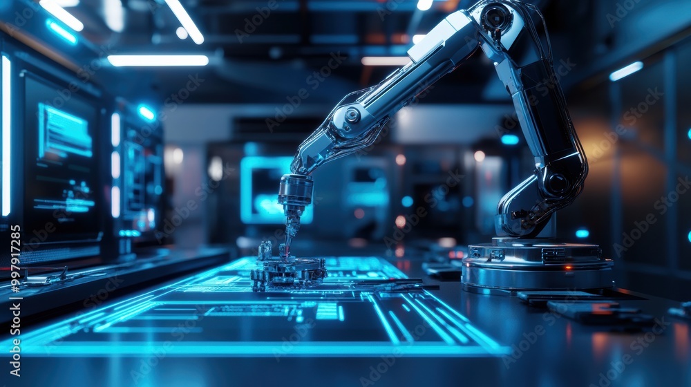 Fototapete the robotic arm intricately assembles advanced machinery in a sleek lab, illuminated by glowing pane