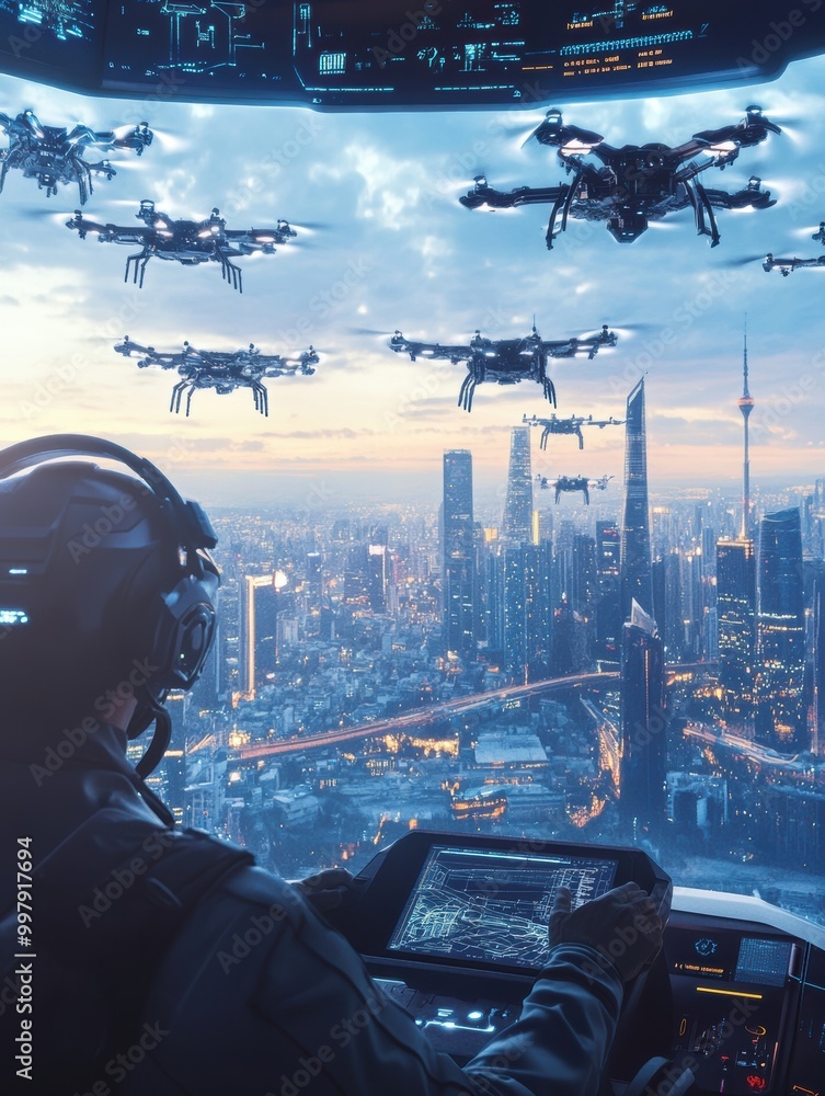 Aufkleber the drone pilot skillfully directs a swarm of sleek drones from a sophisticated control center overl