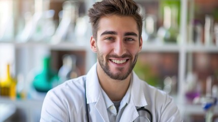 Fototapeta premium Smiling Young Male Doctor in Lab Coat with Stethoscope