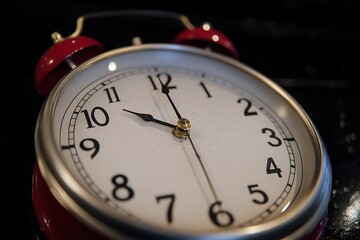 Red alarm clock showing almost midnight time.