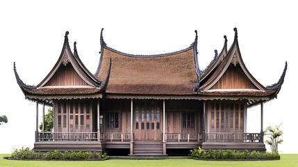 Obraz premium Traditional Wooden House with Curved Roof in Southeast Asia
