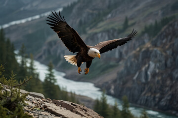 Obraz premium high contast image of A eagle holding fish in her claw and rest on tree with breathtaking landscape