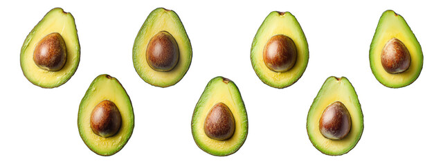 A single avocado is cut in half on a white background