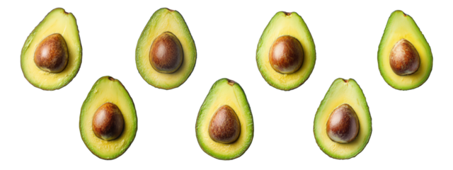 A single avocado is cut in half on a white background