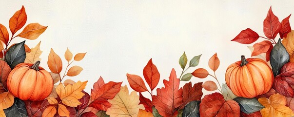 Fototapeta premium Autumn foliage and pumpkins, vibrant seasonal colors.