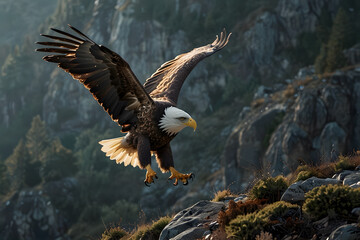 Fototapeta premium high contast image of A eagle holding fish in her claw and rest on tree with breathtaking landscape