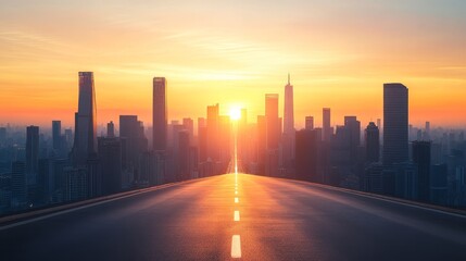 Obraz premium A bustling city skyline with modern high-rises and an asphalt road leading through the center. The sky is a gradient of orange, yellow, and pink as the sun rises over the city.