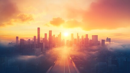Fototapeta premium A bustling city skyline with modern high-rises and an asphalt road leading through the center. The sky is a gradient of orange, yellow, and pink as the sun rises over the city.