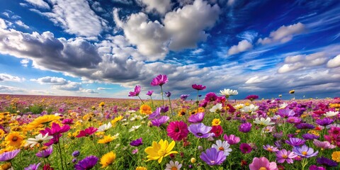 Obraz premium Field of colorful flowers under blue sky with white clouds