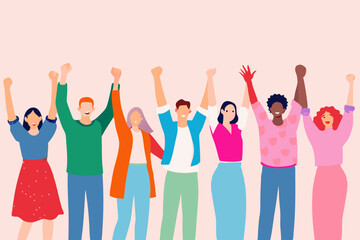 Obraz premium Celebratory Group of Diverse Friends Raising Hands in Joy
