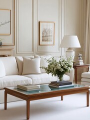 Fototapeta premium A cozy living room setup featuring a light sofa, a coffee table with books, a floral arrangement, and soft lighting, creating an inviting atmosphere.